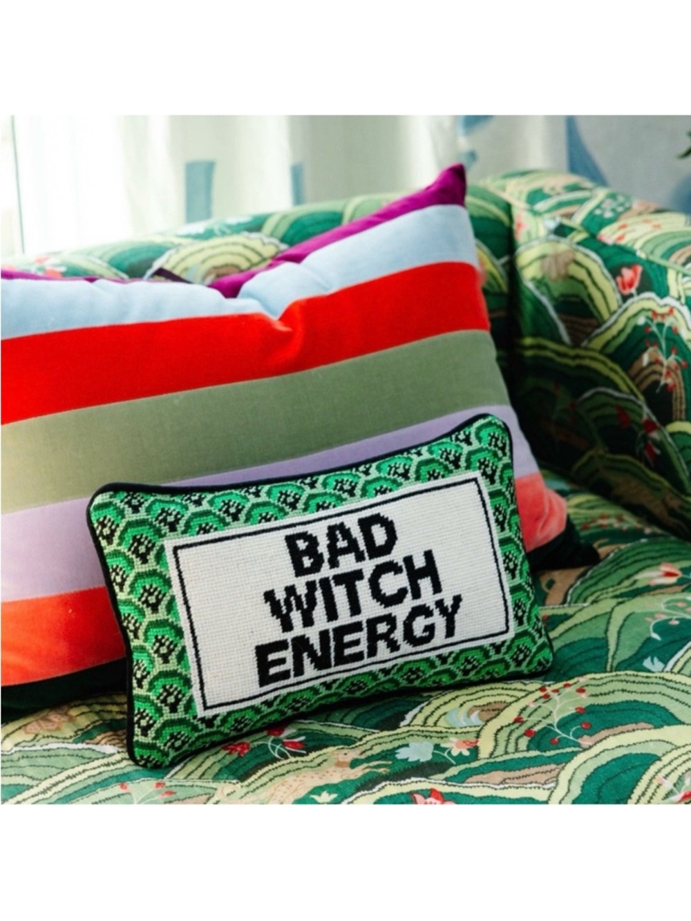 Anthropologie Furbish needlepoint pillow Bad Witch Energy NwT